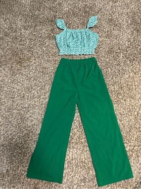 Green Wide-Leg Pants with Aqua Floral Smocked Crop Top
